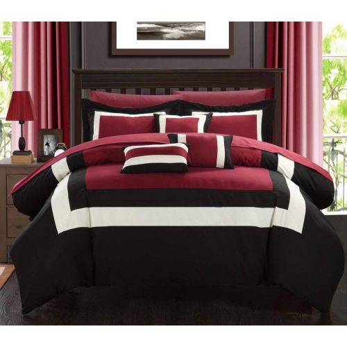  Chic Home Duke 10 Piece Comforter Set Complete Bed in a Bag Pieced Color Block Patterned Bedding with Sheet Set and Decorative Pillows Shams Included, King Black