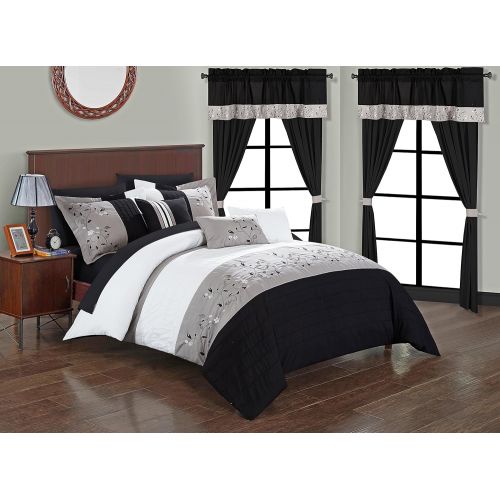  Chic Home Sonita 20 Piece Comforter Set Color Block Floral Embroidered Bag Bedding, Queen, Black