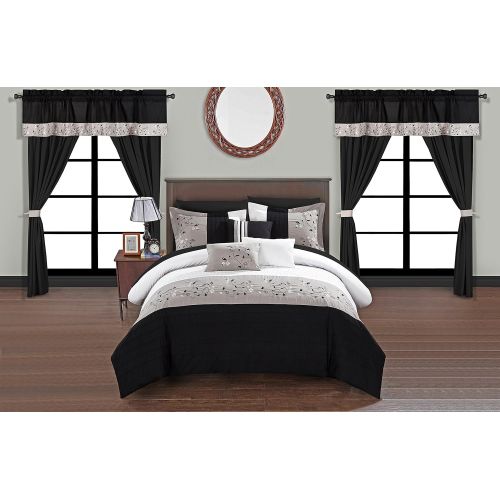  Chic Home Sonita 20 Piece Comforter Set Color Block Floral Embroidered Bag Bedding, Queen, Black