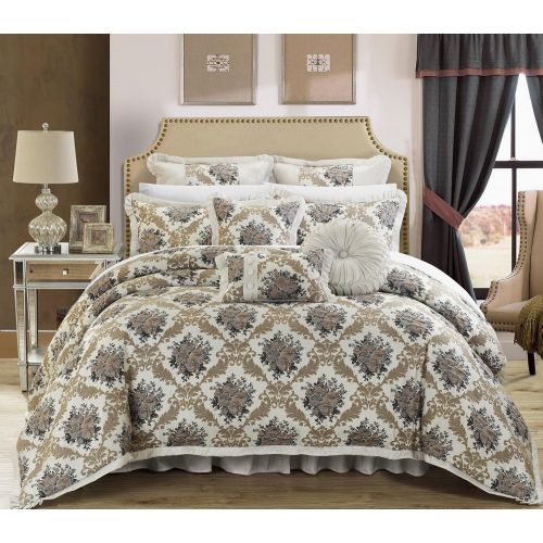  Chic Home 9 Piece Le Mans Decorator Upholstery Quality Jacquard Motif Fabric Bedroom Comforter Set & Pillows Ensemble, King, Silver