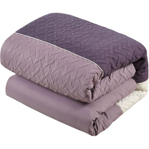  Chic Home Osnat 10 Piece Comforter Set Color Block Quilted Embroidered Design Bed in a Bag Bedding  Sheets Decorative Pillows Shams Included Queen Plum