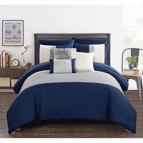  Chic Home Osnat 10 Piece Comforter Set Color Block Quilted Embroidered Design Bed in a Bag Bedding  Sheets Decorative Pillows Shams Included Queen Plum