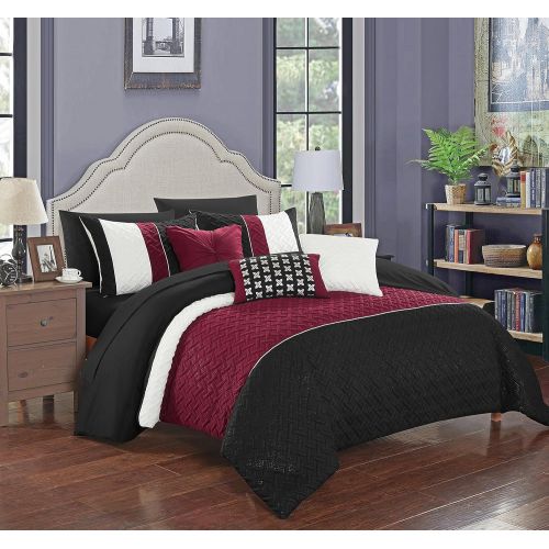  Chic Home Osnat 10 Piece Comforter Set Color Block Quilted Embroidered Design Bed in a Bag Bedding  Sheets Decorative Pillows Shams Included Queen Plum