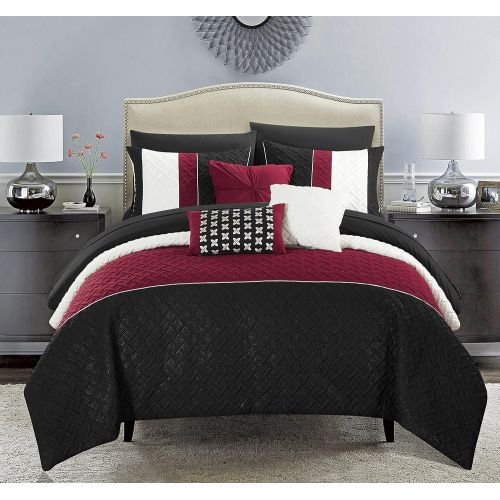  Chic Home Osnat 10 Piece Comforter Set Color Block Quilted Embroidered Design Bed in a Bag Bedding  Sheets Decorative Pillows Shams Included Queen Plum