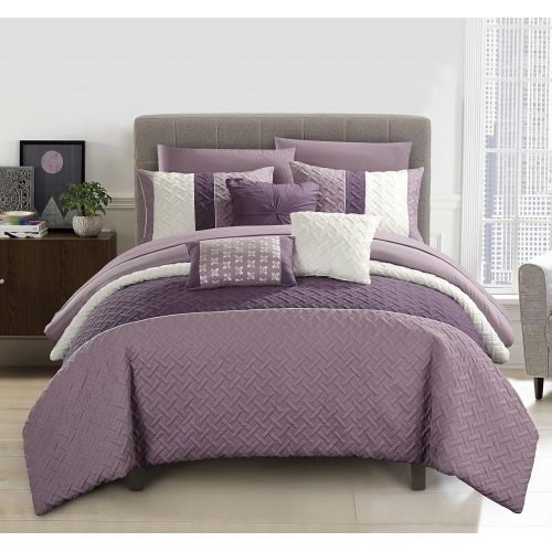  Chic Home Osnat 10 Piece Comforter Set Color Block Quilted Embroidered Design Bed in a Bag Bedding  Sheets Decorative Pillows Shams Included Queen Plum