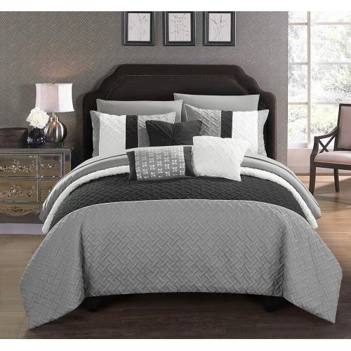  Chic Home Osnat 10 Piece Comforter Set Color Block Quilted Embroidered Design Bed in a Bag Bedding  Sheets Decorative Pillows Shams Included Queen Plum