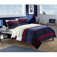 Chic Home 3-Piece Megan Plush Microsuede Printed Stripe Sherpa Blanket, King, Blue