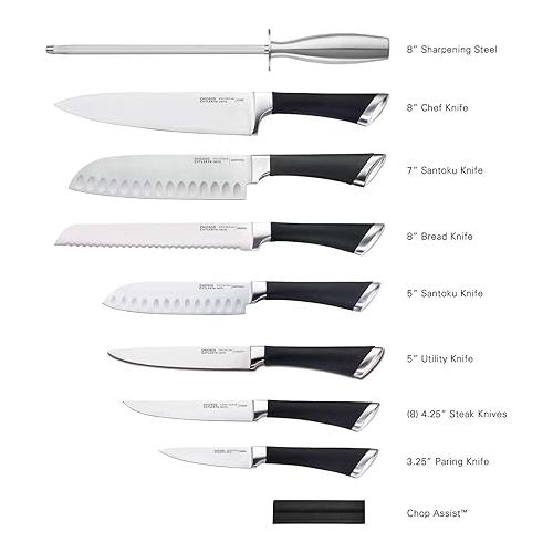  Chicago Cutlery Fusion 17 Piece Kitchen Knife Set with Wooden Storage Block, Cushion-Grip Handles with Stainless Steel Blades that Resists Stains, Rust, and Pitting