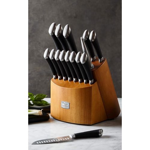  Chicago Cutlery Fusion 17 Piece Kitchen Knife Set with Wooden Storage Block, Cushion-Grip Handles with Stainless Steel Blades that Resists Stains, Rust, and Pitting