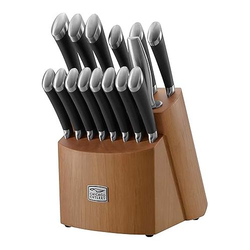  Chicago Cutlery Fusion 17 Piece Kitchen Knife Set with Wooden Storage Block, Cushion-Grip Handles with Stainless Steel Blades that Resists Stains, Rust, and Pitting