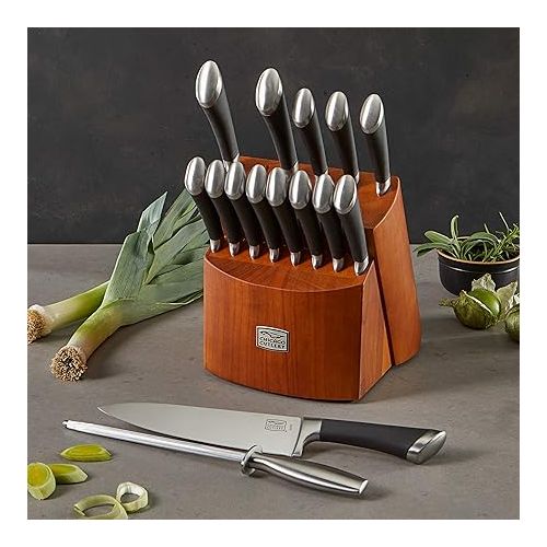  Chicago Cutlery Fusion 17 Piece Kitchen Knife Set with Wooden Storage Block, Cushion-Grip Handles with Stainless Steel Blades that Resists Stains, Rust, and Pitting