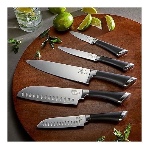  Chicago Cutlery Fusion 17 Piece Kitchen Knife Set with Wooden Storage Block, Cushion-Grip Handles with Stainless Steel Blades that Resists Stains, Rust, and Pitting