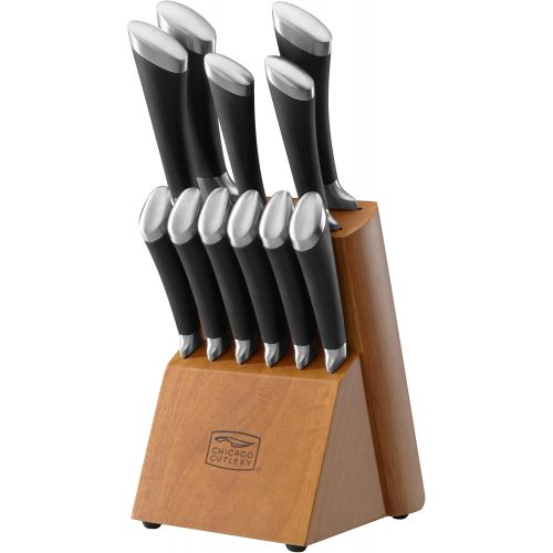  Chicago Cutlery Fusion 12 Piece Forged Premium Knife Block Set with Wooden Storage Block Cushion-Grip Handles with Stainless Steel Blades Kitchen Knife Set