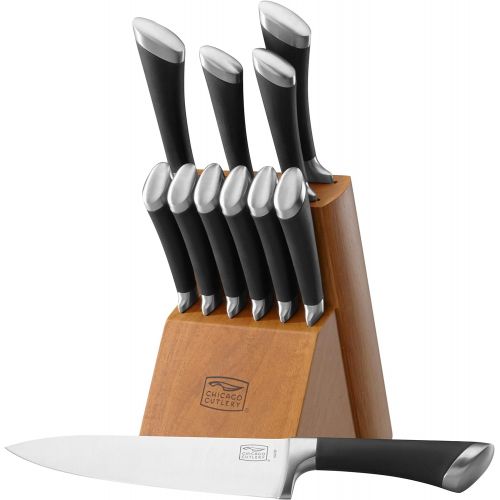  Chicago Cutlery Fusion 12 Piece Forged Premium Knife Block Set with Wooden Storage Block Cushion-Grip Handles with Stainless Steel Blades Kitchen Knife Set