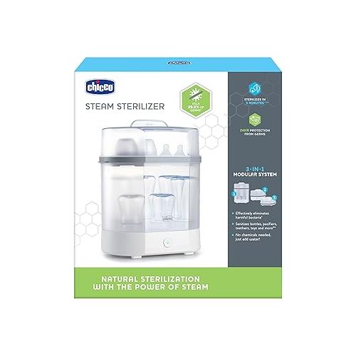 치코 Chicco Baby Bottle Steam Sterilizer 3 in 1 modular system - eliminates 99.9% of harmful bacteria in baby bottles, quickly and naturally with the power of steam, White/Grey