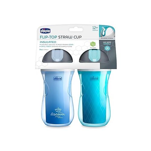 치코 Chicco Insulated Sippy Cup with Straw, Spill-Free Lid, Dishwasher Safe - Blue/Teal, 9 oz/ 260 ml, 2 Count (Pack of 1)