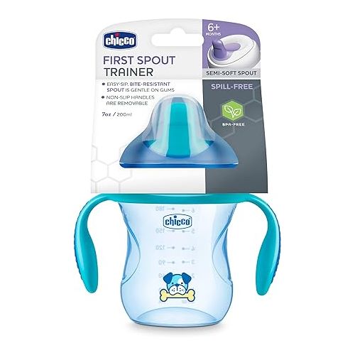 치코 Chicco 7oz. Semi-Soft Trainer with Bite-Resistant Spout and Spill-Free Lid | Removable, Non-Slip Handles | Top-Rack Dishwasher Safe | Easy to Hold Ergonomic Indents | Blue| 6+ months