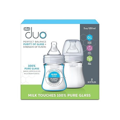 치코 Chicco Duo 5oz. Hybrid Baby Bottle with Invinci-Glass Inside and Plastic Outside | Dishwasher, Bottle Warmer, and Electric Sterilizer Safe | Intui-Latch Nipple | Clear/Grey, 2count pack of 1