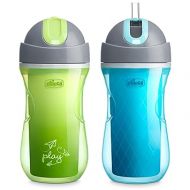Chicco 9oz. Double-Wall Insulated Flip-Top Sippy Cup with Silicone Straw and Spill-Free Lid | Top-Rack Dishwasher Safe | Easy to Hold with Ergonomic Indents | Green Play/Teal, 2pk | 12+ months