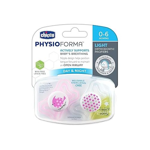 치코 Chicco PhysioForma Light Day & Night including Glow In Dark Pacifier for Babies 0-6m, Pink, Orthodontic Nipple, BPA-Free, 2-count in Sterilizing Case