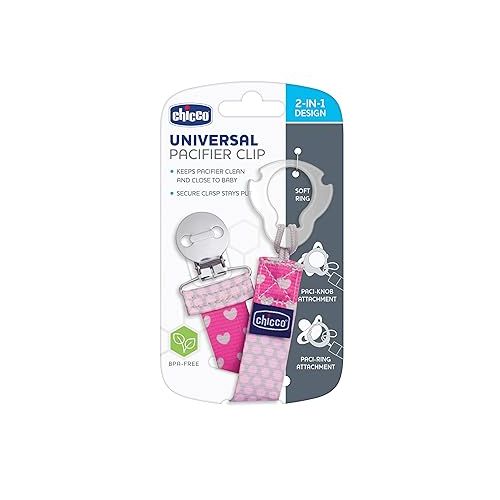 치코 Chicco Two-in-One Pacifier Clip with Loop and Ring Attachments | Loop for Teethers and Small Toys | Ring Included for Knob-Style Pacifiers | Secure Clasp is Gentle on Clothing | Pink