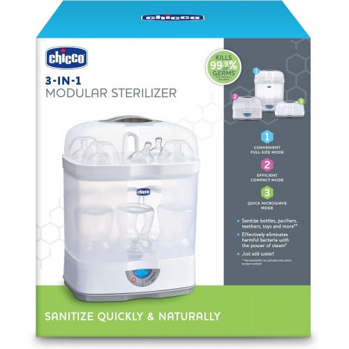 치코 [아마존베스트]Chicco 3-in-1 Modular Baby Bottle, Pacifier, Pump Parts, etc. Sterilizer - eliminates 99.9% of Harmful Bacteria Quickly and Naturally with The Power of steam, Grey