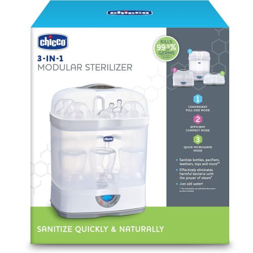 치코 Chicco 3-in-1 Modular Baby Bottle, Pacifier, Pump Parts, etc. Sterilizer - eliminates 99.9% of Harmful Bacteria Quickly and Naturally with The Power of steam, Grey