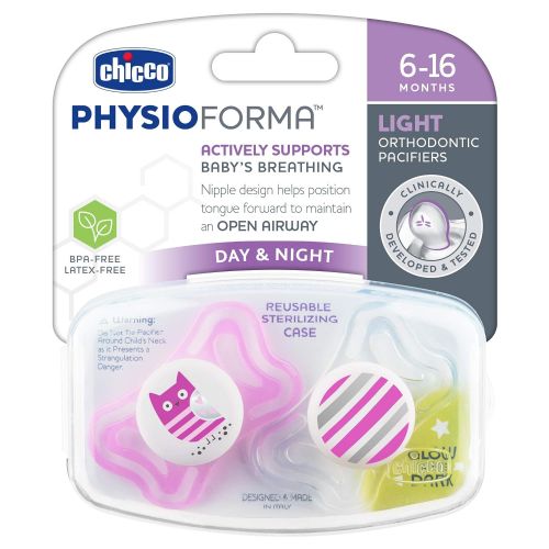 치코 Chicco PhysioForma Light Day & Night including Glow In Dark Pacifier for Babies 6-16m, Pink, Orthodontic Nipple, BPA-Free, 2-count in Sterilizing Case