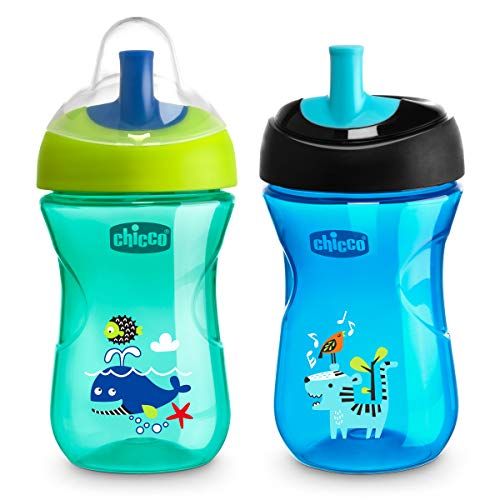 치코 Chicco First Straw Trainer Spill Free Semi-Firm Straw Spout Baby Sippy Cup, 9 Months, Teal/Blue, 9 Ounce (Pack of 2)