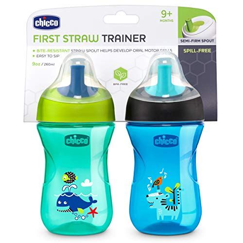 치코 Chicco First Straw Trainer Spill Free Semi-Firm Straw Spout Baby Sippy Cup, 9 Months, Teal/Blue, 9 Ounce (Pack of 2)