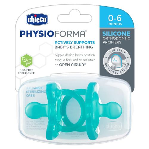 치코 Chicco PhysioForma 100% Soft Silicone One Piece Pacifier for Babies 0-6 Months, Teal, Orthodontic Nipple, BPA-Free, 2-Count in Sterilizing Case