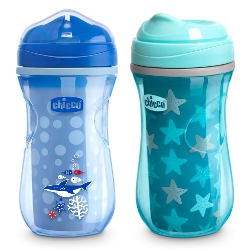치코 Chicco Insulated Rim Spout Trainer Spill Free Baby Sippy Cup, 12 Months+, Teal/Blue, 9 Ounce (Pack of 2)