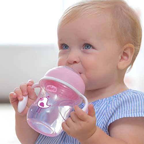 치코 Chicco Soft Silicone Spout Spill Free Transition Baby Sippy Cup, Pink, 7 Ounce/4M+