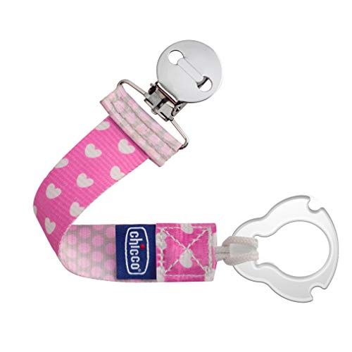 치코 Chicco Universal Two in One Baby Pacifier Clip/Holder with Universal Loop for Teethers and Small Toys, Plus Soft Attachment Ring Included for Knob Style Pacifiers, Pink/Grey