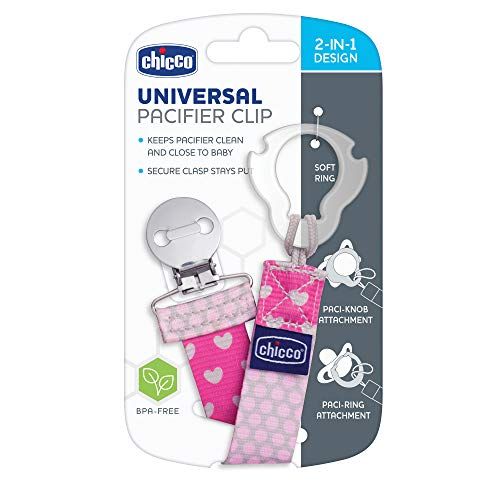 치코 Chicco Universal Two in One Baby Pacifier Clip/Holder with Universal Loop for Teethers and Small Toys, Plus Soft Attachment Ring Included for Knob Style Pacifiers, Pink/Grey