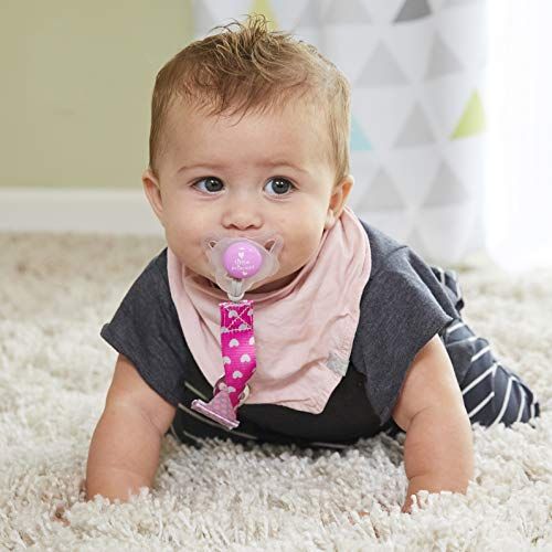 치코 Chicco Universal Two in One Baby Pacifier Clip/Holder with Universal Loop for Teethers and Small Toys, Plus Soft Attachment Ring Included for Knob Style Pacifiers, Pink/Grey