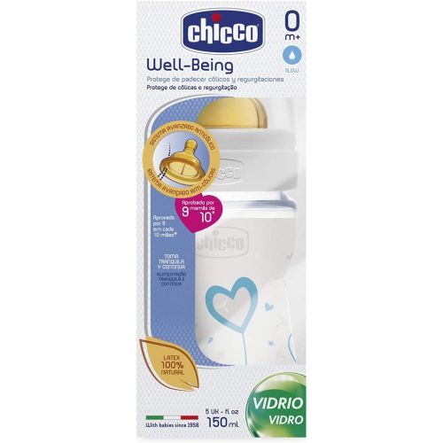 치코 Chicco Feeding Bottle Well-Being 150ml Glass Decorated and Rubber Boy 0M +