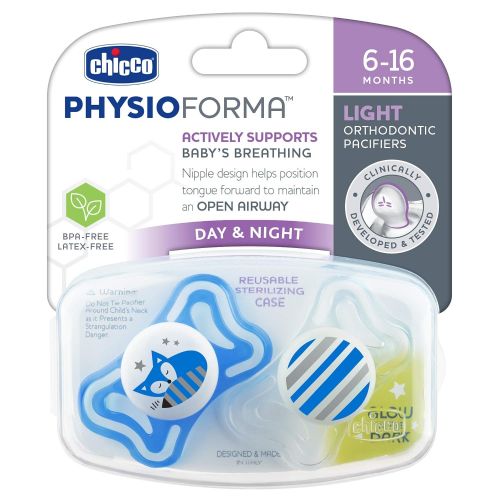 치코 Chicco PhysioForma Light Day & Night including Glow In Dark Pacifier for Babies 6-16m, Blue, Orthodontic Nipple, BPA-Free, 2-count In Sterilizing Case