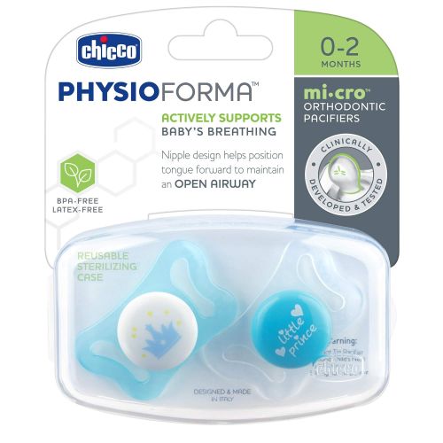 치코 Chicco PhysioForma mi-cro Newborn Pacifier for Babies 0-2m, Teal, Orthodontic Nipple, BPA-Free, 2-Count in Sterilizing Case