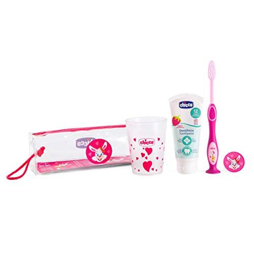 치코 Chicco - Travel Brush Set: Tooth Brush + Paste + case + Cup, Pink