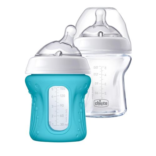 치코 Chicco NaturalFit Glass Baby Bottle 2 Pack, 0m+ Slow Flow, with Bonus Silicone Sleeve