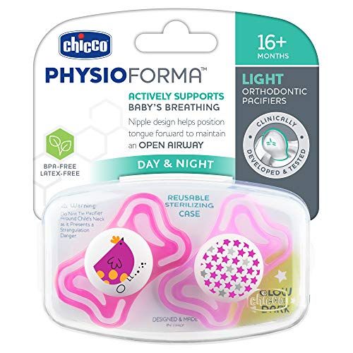 치코 Chicco PhysioForma Light Day & Night Including Glow in Dark Pacifier for Babies 16m+, Pink, Orthodontic Nipple, BPA-Free, 2-Count in Sterilizing Case