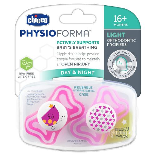 치코 Chicco PhysioForma Light Day & Night Including Glow in Dark Pacifier for Babies 16m+, Pink, Orthodontic Nipple, BPA-Free, 2-Count in Sterilizing Case