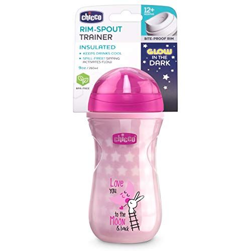 치코 Chicco Glow In The Dark Insulated Rim Spout Trainer Spill Free Baby Sippy Cup 9oz, Pink, 12m+ (1pk)