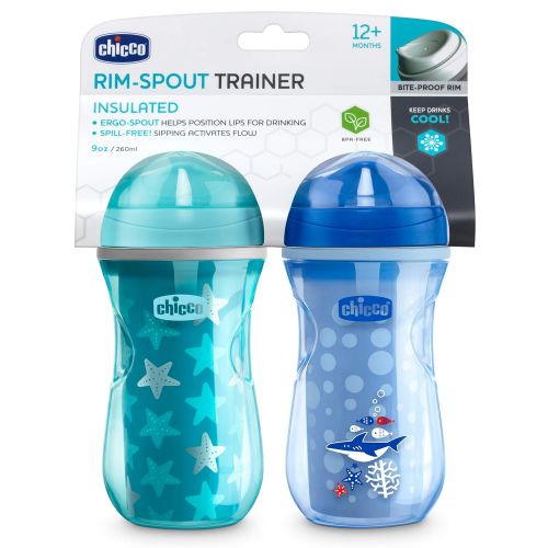 치코 Chicco Insulated Rim Spout Trainer Spill Free Baby Sippy Cup 9oz Blue/Teal 12m+ (2pk)