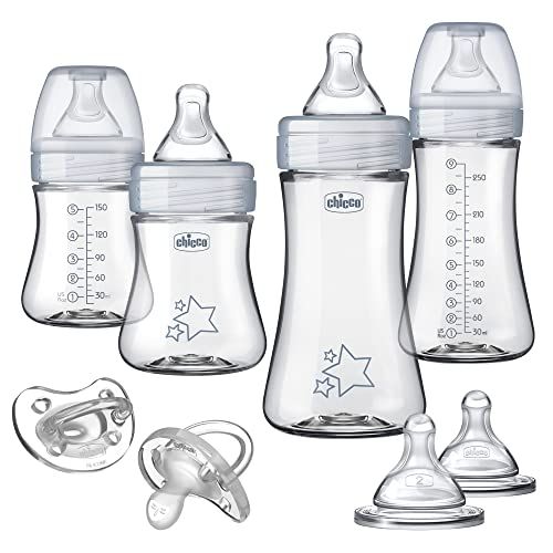 치코 Chicco Duo Newborn Hybrid Baby Bottle Starter Gift Set with Invinci-Glass Inside/Plastic Outside - Clear/Grey