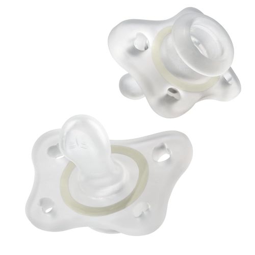 치코 Chicco PhysioForma Silicone Mini Glow in The Dark Pacifier in Clear for Babies 2-6m, Orthodontic Nipple, BPA-Free, 2-Count in Sterilizing Case