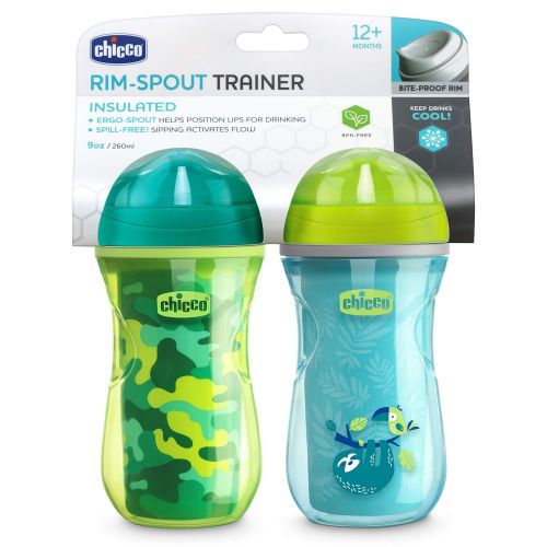 치코 Chicco Insulated Rim Spout Trainer Spill Free Baby Sippy Cup 9oz Teal/Green 12m+ (2pk)