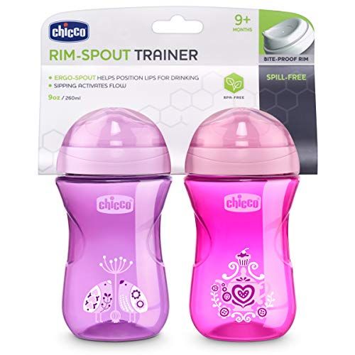 치코 Chicco Rim Spout Trainer Spill Free Bite Poof Rim Baby Sippy Cup 9oz, Pink/Purple, 9m+ (2pk)