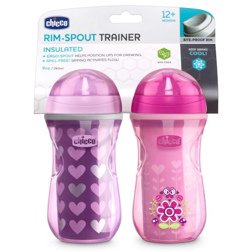 치코 Chicco Insulated Rim Spout Trainer Spill Free Baby Sippy Cup 9oz Pink/Purple 12m+ (2pk)